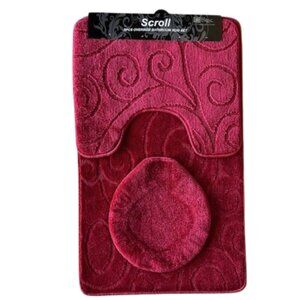 Scroll Oversize 3PC Bathroom Set Contour ,Mat ,Toilet Lid Cover Burgundy